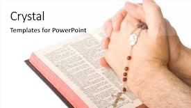  Presentation with woman praying over bible - Amazing slide set having woman praying bible - hands closed in prayer backdrop and a sky blue colored foreground