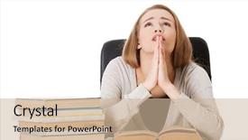  Presentation with exam - PPT theme having woman praying to pass the exam background and a soft green colored foreground
