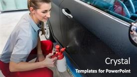  Presentation with car door - Amazing slides having woman-preparing-car-by-spraying backdrop and a dark gray colored foreground