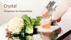  Presentation with food - PPT theme consisting of woman preparing food cutting vegetables background and a sky blue colored foreground