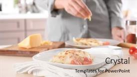 Presentation with man watching woman preparing vegetables - PPT theme enhanced with woman preparing lasagna with cheese background and a lemonade colored foreground