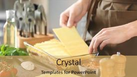  Presentation with food lasagna - Theme featuring woman preparing meat lasagna background and a yellow colored foreground