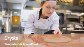  Presentation with man watching woman preparing vegetables - Beautiful presentation theme featuring woman preparing pizza in kitchen backdrop and a coral colored foreground