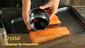  Presentation with soy - Colorful slide deck enhanced with woman preparing salmon fillet with soy marinade on baking sheet backdrop and a tawny brown colored foreground