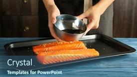  Presentation with soy - Theme having woman preparing salmon fillet with soy marinade on baking sheet background and a ocean colored foreground