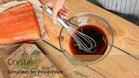  Presentation with soy - Audience pleasing theme consisting of woman preparing soy marinade for salmon on wooden table backdrop and a coral colored foreground