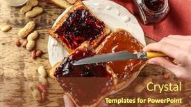  Presentation with peanut butter - Presentation design consisting of woman preparing tasty peanut butter and jelly sandwich on table background and a tawny brown colored foreground