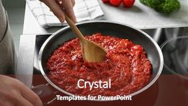  Presentation with frying - Presentation consisting of woman preparing tomato sauce background and a tawny brown colored foreground