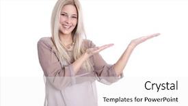  Presentation with young business woman smile show - Presentation theme featuring woman presenting - isolated over white background and a  colored foreground