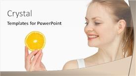  Presentation with bakground - Presentation theme enhanced with woman presenting an orange slice while looking at it against white bakground background and a white colored foreground