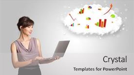  Presentation with cloud - Cool new PPT theme with woman presenting cloud with graph backdrop and a light gray colored foreground