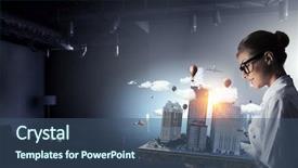  Presentation with construction - PPT theme consisting of woman presenting construction model mixed background and a ocean colored foreground