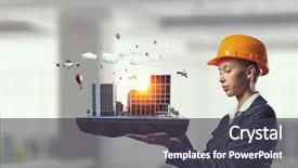  Presentation with construction - Amazing presentation theme having woman presenting construction project mixed backdrop and a dark gray colored foreground
