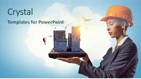  Presentation with eco - Cool new slide deck with woman presenting construction project mixed backdrop and a sky blue colored foreground