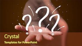  Presentation with question marks - PPT layouts consisting of woman presenting hand drawn question background and a tawny brown colored foreground