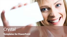  Presentation with business card - Colorful presentation enhanced with woman presenting her business card backdrop and a violet colored foreground