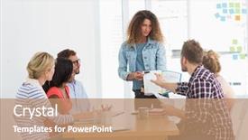  Presentation with ideas - Slide set consisting of woman presenting ideas to young background and a coral colored foreground