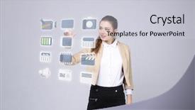  Presentation with modern tech - Beautiful slide deck featuring woman pressing high tech type backdrop and a light gray colored foreground