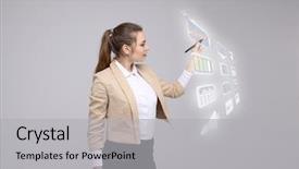  Presentation with modern tech - PPT theme having woman pressing high tech type background and a light gray colored foreground