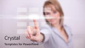  Presentation with light - PPT layouts featuring woman pressing modern light button background and a  colored foreground
