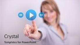  Presentation with role play woman and man - Presentation featuring woman pressing play and media background and a light gray colored foreground