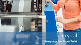  Presentation with machine shop - Audience pleasing PPT theme consisting of woman-pressing-start-button backdrop and a ocean colored foreground