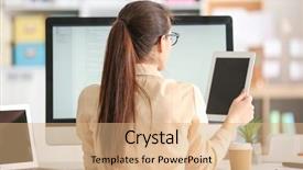  Presentation with woman and drugs - Slide set having woman programmer working at office background and a coral colored foreground