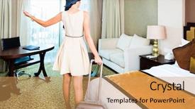  Presentation with suitcase - Slide set enhanced with woman pulling suitcase in hotel background and a yellow colored foreground