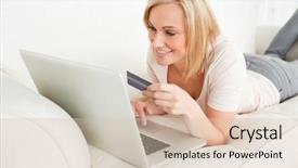  Presentation with purchasing - PPT theme featuring woman purchasing on line background and a lemonade colored foreground