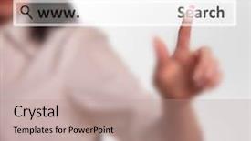  Presentation with touch screen - PPT layouts having woman pushing touch screen search background and a coral colored foreground