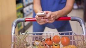  Presentation with supermarket trolley - PPT theme with woman pushing trolley in aisle and texting at supermarket background and a coral colored foreground