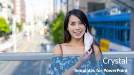  Presentation with hero mask woman - PPT theme consisting of woman-put-down-her-face background and a teal colored foreground