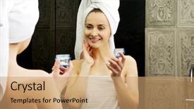  Presentation with anti aging - PPT layouts having woman putting anti-aging cream background and a coral colored foreground