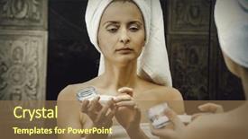  Presentation with anti aging - PPT theme featuring woman putting anti-aging cream background and a coral colored foreground