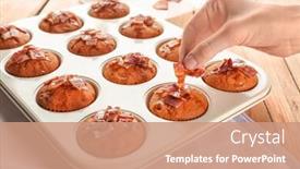  Presentation with mold - Slide deck with woman putting bacon on tasty muffin in mold closeup background and a coral colored foreground