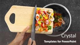  Presentation with pepper - Slides with woman putting chopped bell pepper with onion in bowl top view background and a tawny brown colored foreground