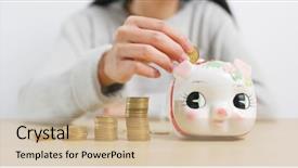  Presentation with piggy bank - PPT layouts consisting of woman putting coins into piggy background and a soft green colored foreground