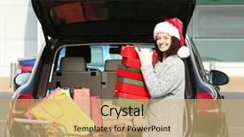  Presentation with gifts - Cool new PPT theme with woman putting gifts in car backdrop and a  colored foreground