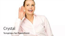  Presentation with ear - Cool new PPT layouts with woman putting hand to ear backdrop and a sky blue colored foreground