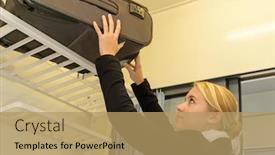  Presentation with commuter - Colorful slides enhanced with rail racks - woman putting her luggage backdrop and a coral colored foreground