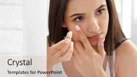  Presentation with contact lens - Cool new presentation theme with woman putting in contact lenses backdrop and a soft green colored foreground