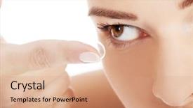  Presentation with magnifying lens over - Slide deck having woman putting lens into eye background and a coral colored foreground