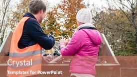  Presentation with scrap metal - Cool new PPT theme with woman putting lots of scrap metal in container to be recycled backdrop and a coral colored foreground