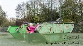  Presentation with scrap metal - Amazing presentation design having woman putting lots of scrap backdrop and a seafoam green colored foreground