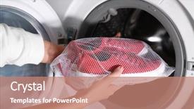  Presentation with china clothes washing machine - Amazing slides having woman putting mesh with red backdrop and a coral colored foreground