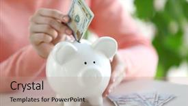  Presentation with accounting financial bank banking account - Amazing PPT layouts having woman putting money in piggy backdrop and a coral colored foreground