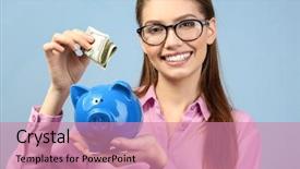 Presentation with piggy bank - PPT theme with woman putting money into piggy background and a  colored foreground
