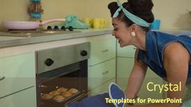  Presentation with muffins - Presentation design enhanced with woman-putting-muffins-in-oven background and a tawny brown colored foreground