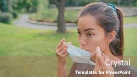  Presentation with coronavirus prevention medical - Colorful PPT layouts enhanced with woman-putting-on-a-surgical backdrop and a coral colored foreground
