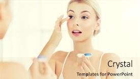  Presentation with ophthalmology - Audience pleasing PPT layouts consisting of woman putting on contact lenses backdrop and a lemonade colored foreground